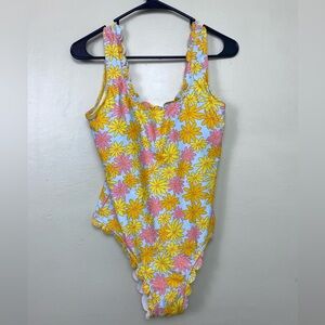 NEW SHEIN One Piece Swimsuit Floral Print Yellow Pink Blue Scallop Trim‎ Size L